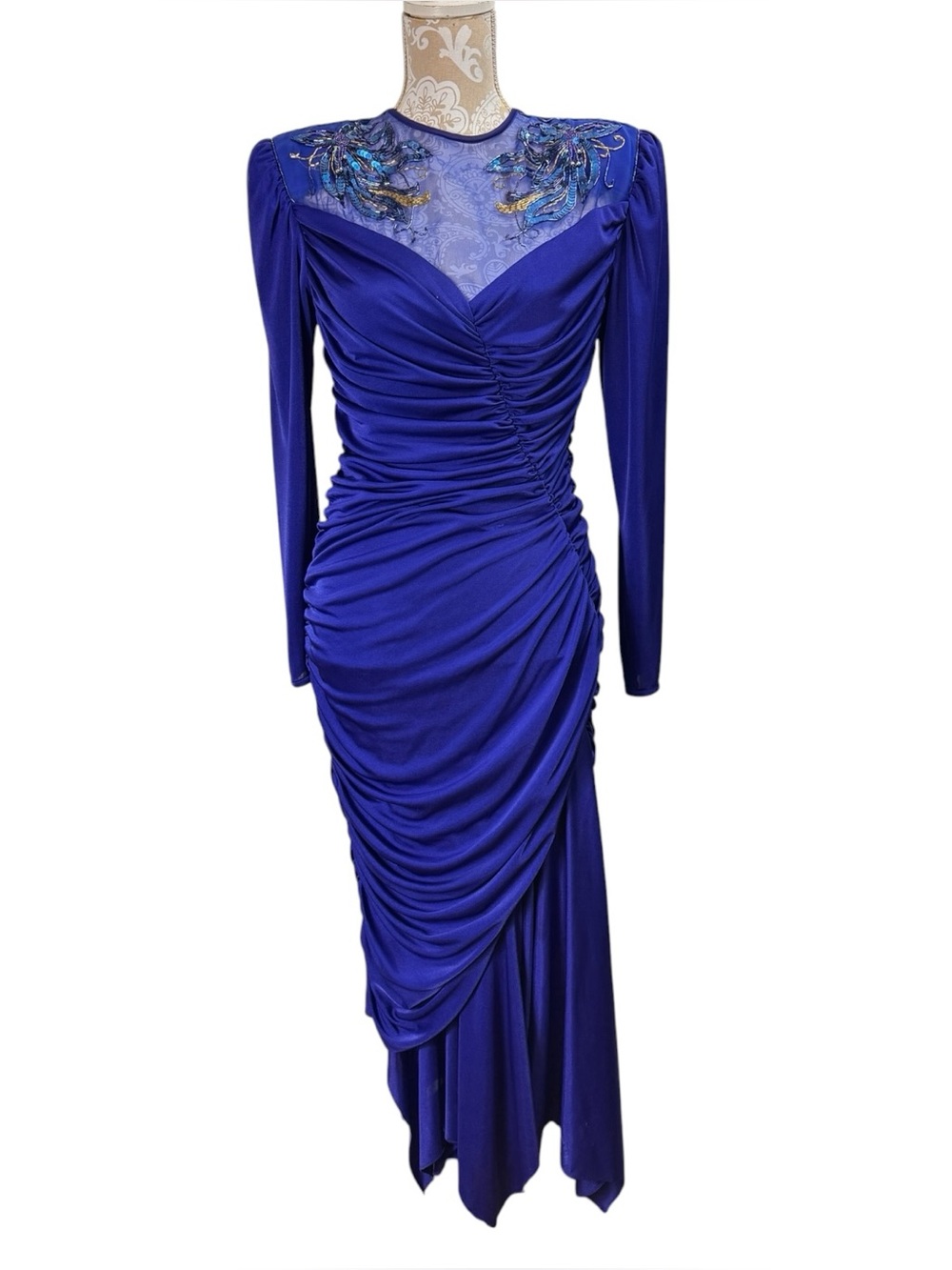 Vintage 80's Abby Kent Beaded Blue Cocktail Dress Ruched Draped Size 10 Dynasty